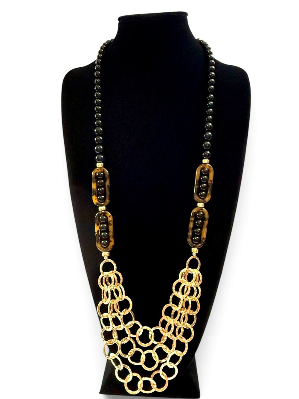 Nordstrom Black Beaded & Gold Link Tortoise Statement Necklace | NWT
